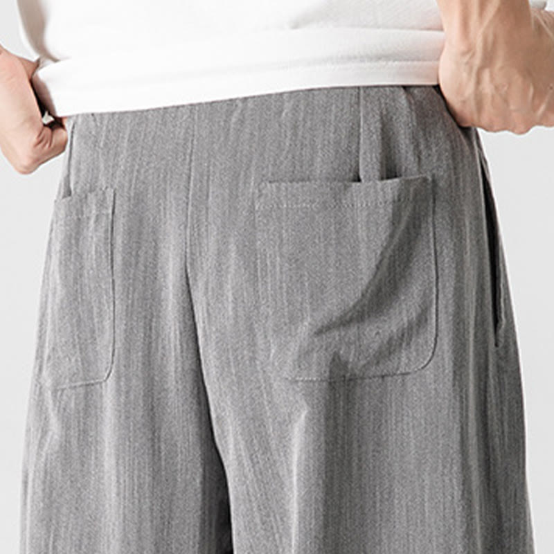 Buddha Stones Sommer-Hose aus lässiger Baumwolle und Leinen mit geradem Bein, für Herren, mit Kordelzug und Taschen