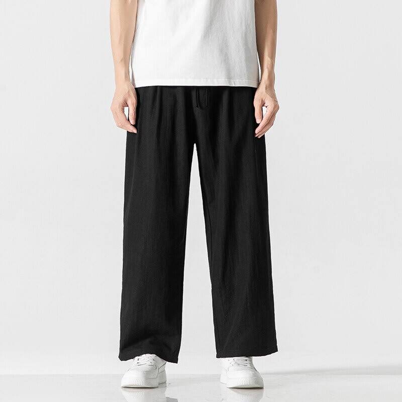Buddha Stones Sommer-Hose aus lässiger Baumwolle und Leinen mit geradem Bein, für Herren, mit Kordelzug und Taschen