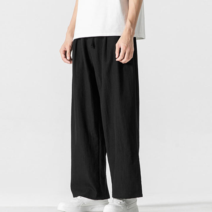Buddha Stones Sommer-Hose aus lässiger Baumwolle und Leinen mit geradem Bein, für Herren, mit Kordelzug und Taschen