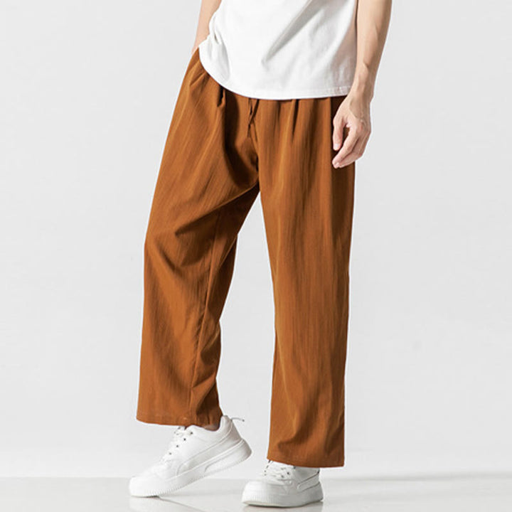 Buddha Stones Sommer-Hose aus lässiger Baumwolle und Leinen mit geradem Bein, für Herren, mit Kordelzug und Taschen
