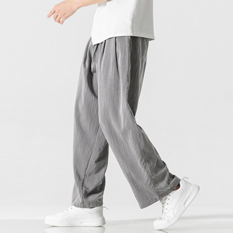 Buddha Stones Sommer-Hose aus lässiger Baumwolle und Leinen mit geradem Bein, für Herren, mit Kordelzug und Taschen
