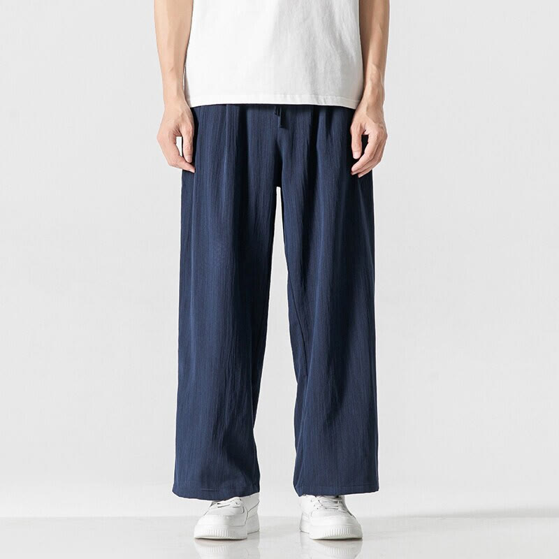 Buddha Stones Sommer-Hose aus lässiger Baumwolle und Leinen mit geradem Bein, für Herren, mit Kordelzug und Taschen