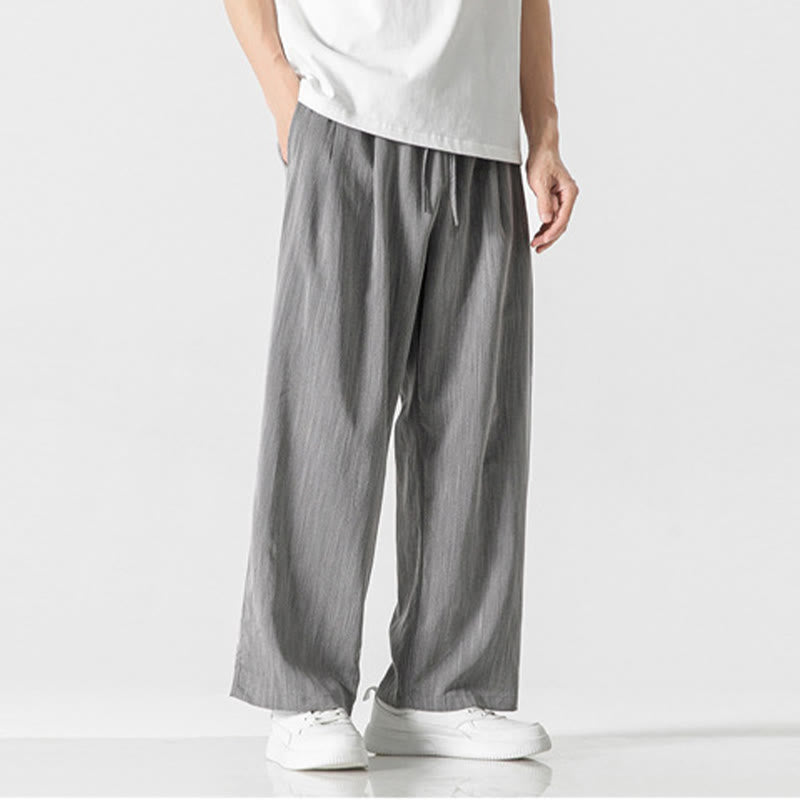 Buddha Stones Sommer-Hose aus lässiger Baumwolle und Leinen mit geradem Bein, für Herren, mit Kordelzug und Taschen