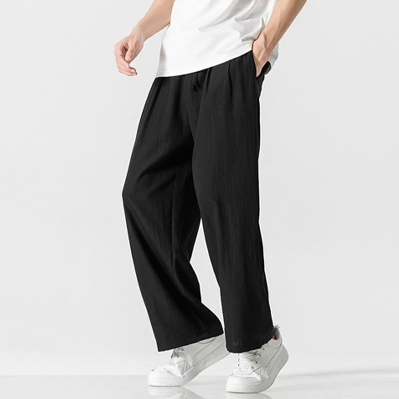 Buddha Stones Sommer-Hose aus lässiger Baumwolle und Leinen mit geradem Bein, für Herren, mit Kordelzug und Taschen