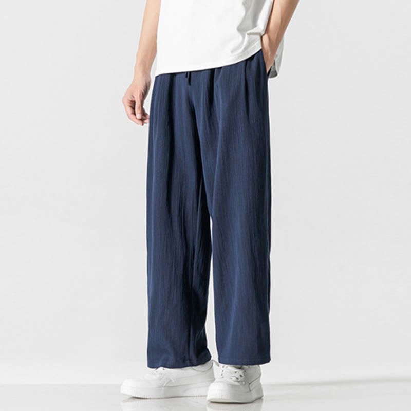 Buddha Stones Sommer-Hose aus lässiger Baumwolle und Leinen mit geradem Bein, für Herren, mit Kordelzug und Taschen