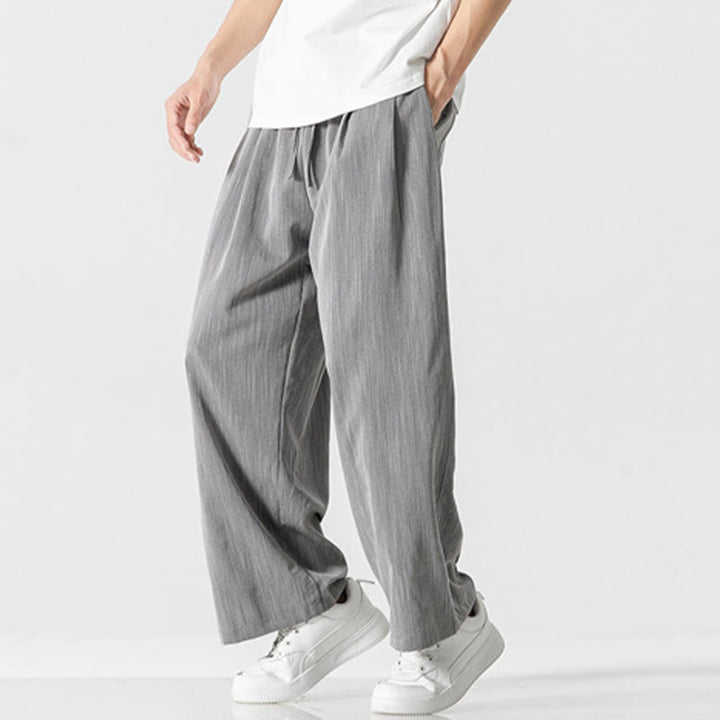 Buddha Stones Sommer-Hose aus lässiger Baumwolle und Leinen mit geradem Bein, für Herren, mit Kordelzug und Taschen