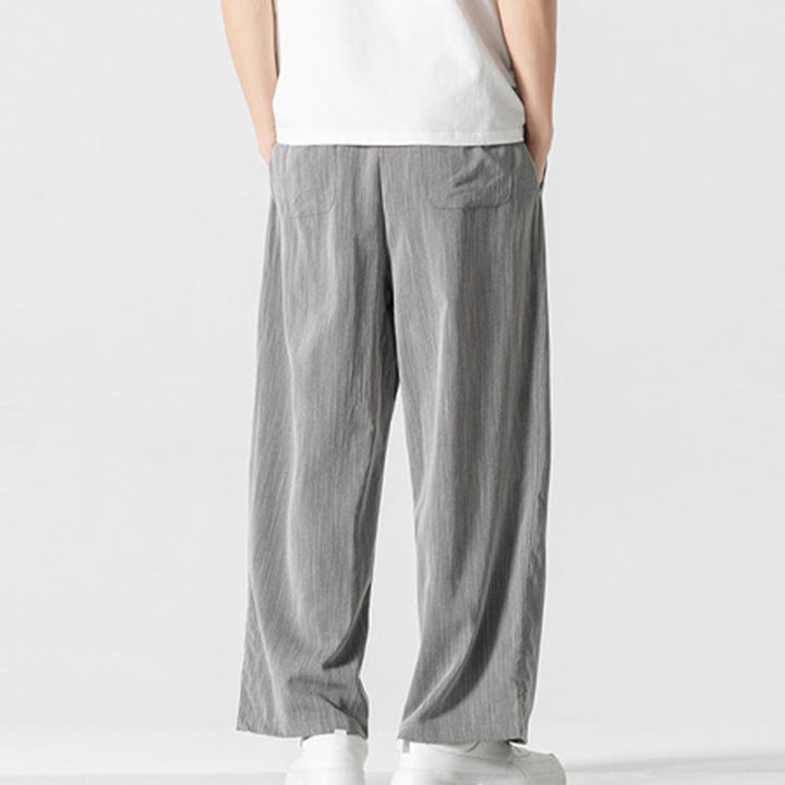 Buddha Stones Sommer-Hose aus lässiger Baumwolle und Leinen mit geradem Bein, für Herren, mit Kordelzug und Taschen