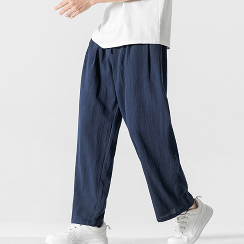 Buddha Stones Sommer-Hose aus lässiger Baumwolle und Leinen mit geradem Bein, für Herren, mit Kordelzug und Taschen