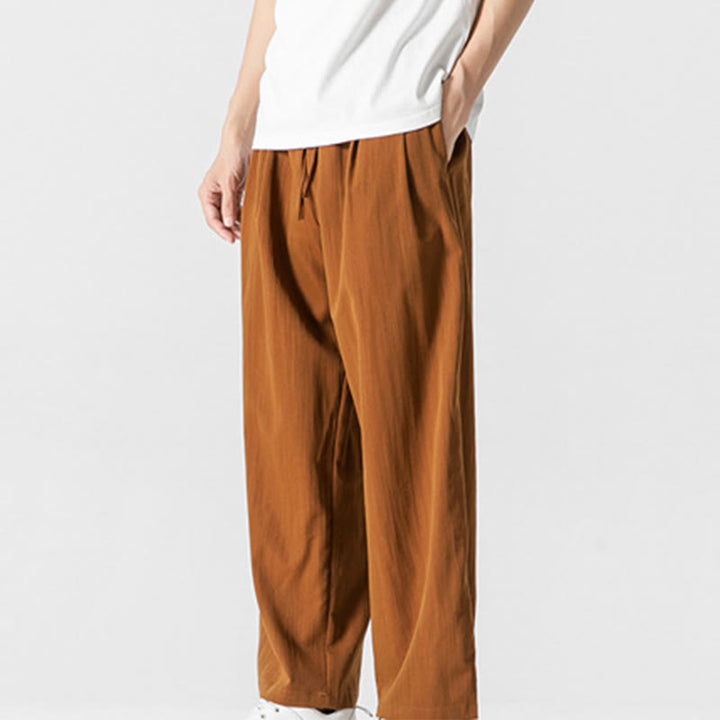 Buddha Stones Sommer-Hose aus lässiger Baumwolle und Leinen mit geradem Bein, für Herren, mit Kordelzug und Taschen