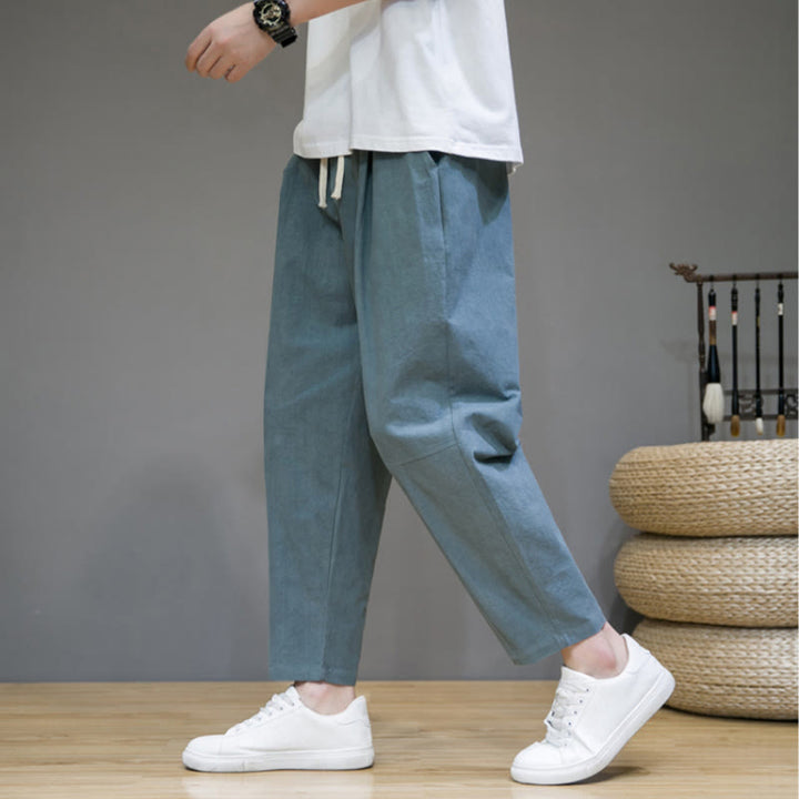 Buddha Stones Lässige Herrenhose aus Baumwollleinen mit Kordelzug und Taschen in reiner Farbe und konischem Design