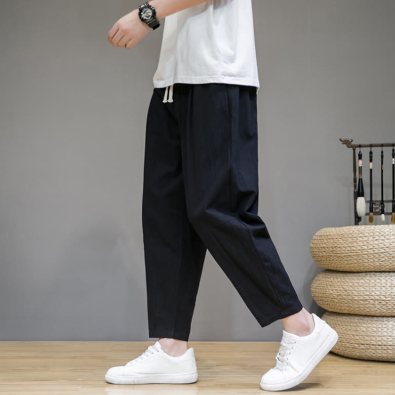 Buddha Stones Lässige Herrenhose aus Baumwollleinen mit Kordelzug und Taschen in reiner Farbe und konischem Design