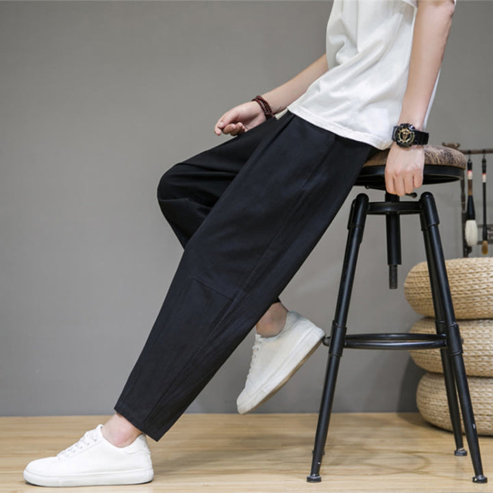 Buddha Stones Lässige Herrenhose aus Baumwollleinen mit Kordelzug und Taschen in reiner Farbe und konischem Design