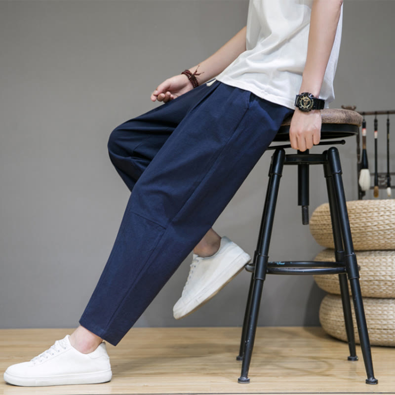 Buddha Stones Lässige Herrenhose aus Baumwollleinen mit Kordelzug und Taschen in reiner Farbe und konischem Design