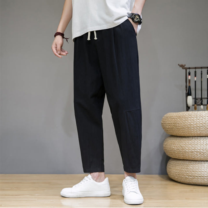 Buddha Stones Lässige Herrenhose aus Baumwollleinen mit Kordelzug und Taschen in reiner Farbe und konischem Design