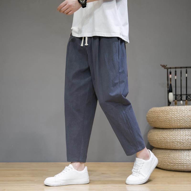 Buddha Stones Lässige Herrenhose aus Baumwollleinen mit Kordelzug und Taschen in reiner Farbe und konischem Design