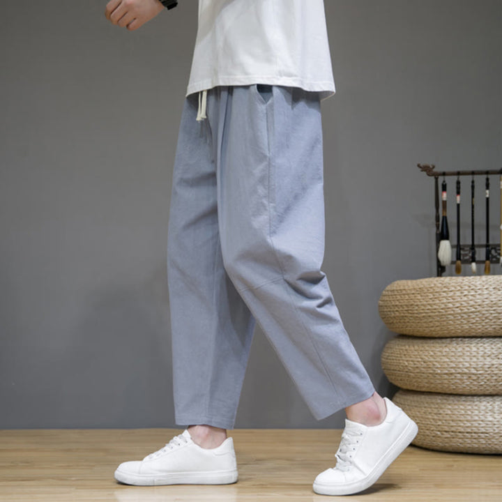 Buddha Stones Lässige Herrenhose aus Baumwollleinen mit Kordelzug und Taschen in reiner Farbe und konischem Design