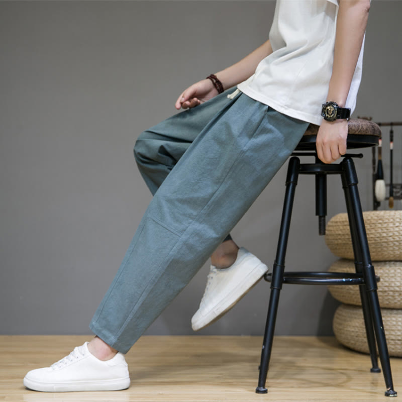 Buddha Stones Lässige Herrenhose aus Baumwollleinen mit Kordelzug und Taschen in reiner Farbe und konischem Design