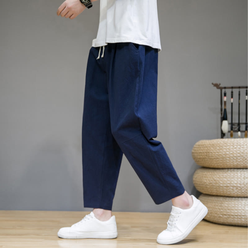 Buddha Stones Lässige Herrenhose aus Baumwollleinen mit Kordelzug und Taschen in reiner Farbe und konischem Design