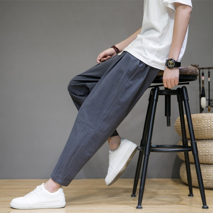 Buddha Stones Lässige Herrenhose aus Baumwollleinen mit Kordelzug und Taschen in reiner Farbe und konischem Design