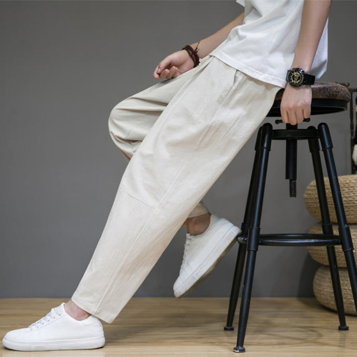 Buddha Stones Lässige Herrenhose aus Baumwollleinen mit Kordelzug und Taschen in reiner Farbe und konischem Design