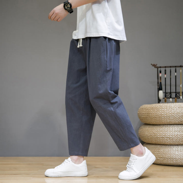 Buddha Stones Lässige Herrenhose aus Baumwollleinen mit Kordelzug und Taschen in reiner Farbe und konischem Design