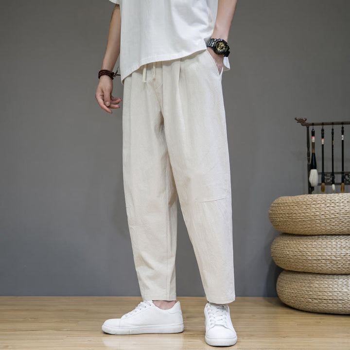 Buddha Stones Lässige Herrenhose aus Baumwollleinen mit Kordelzug und Taschen in reiner Farbe und konischem Design