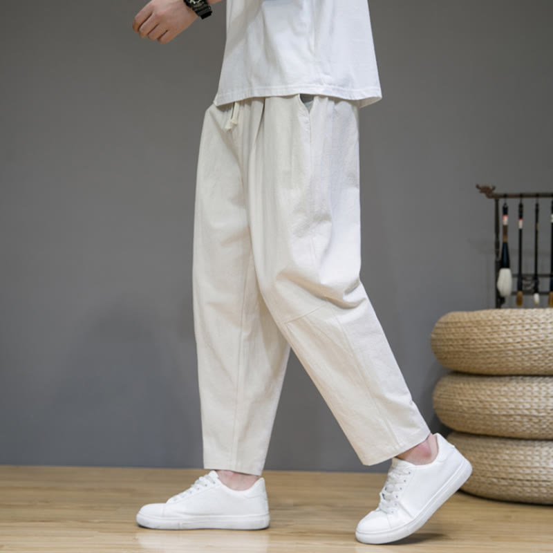 Buddha Stones Lässige Herrenhose aus Baumwollleinen mit Kordelzug und Taschen in reiner Farbe und konischem Design