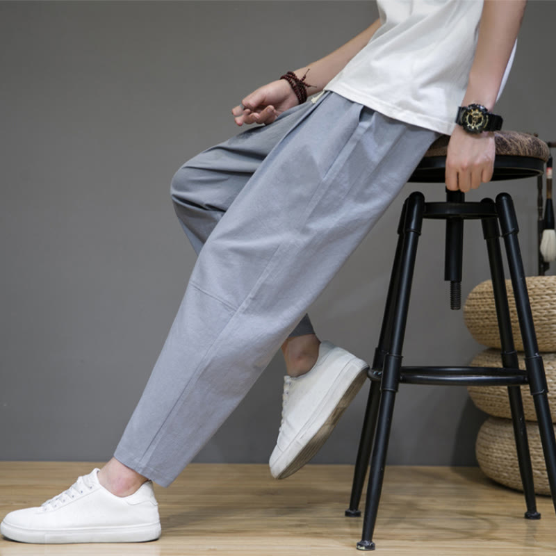 Buddha Stones Lässige Herrenhose aus Baumwollleinen mit Kordelzug und Taschen in reiner Farbe und konischem Design
