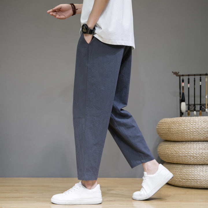 Buddha Stones Lässige Herrenhose aus Baumwollleinen mit Kordelzug und Taschen in reiner Farbe und konischem Design