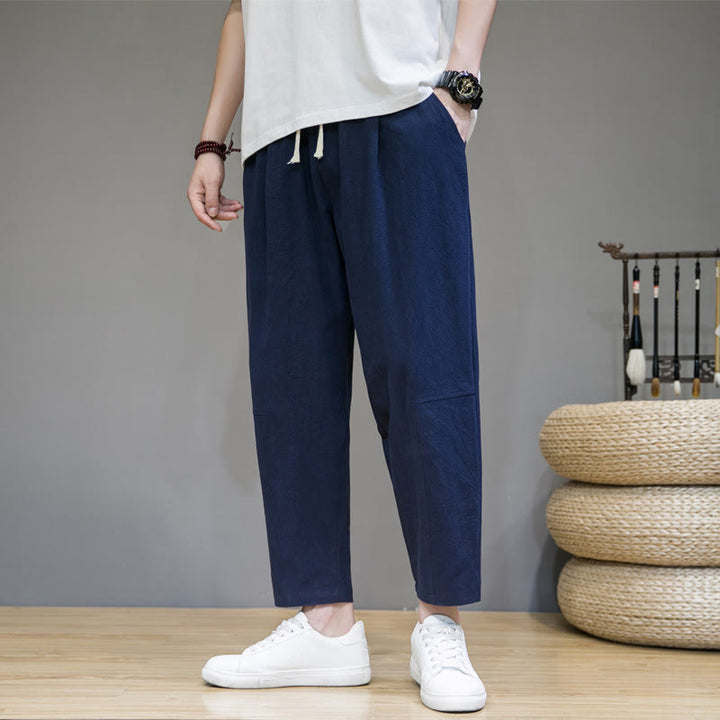 Buddha Stones Lässige Herrenhose aus Baumwollleinen mit Kordelzug und Taschen in reiner Farbe und konischem Design
