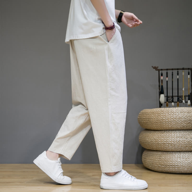 Buddha Stones Lässige Herrenhose aus Baumwollleinen mit Kordelzug und Taschen in reiner Farbe und konischem Design
