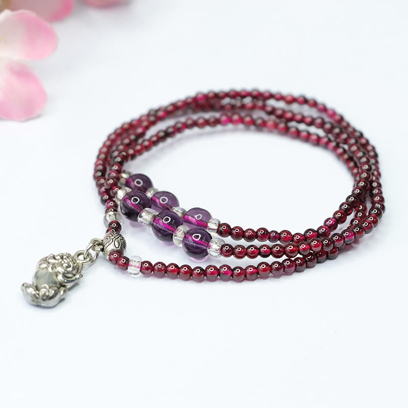 Buddha Stones Natürlicher Granat Elefant Abakus Glückstasche PiXiu Schutz Dreifach Wickelarmband