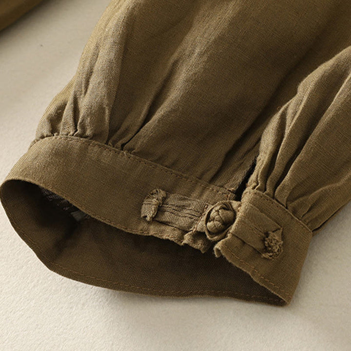 Buddha Stones Sommer-Haremshose aus Baumwolle und Leinen mit Froschknöpfen und Taschen für Damen