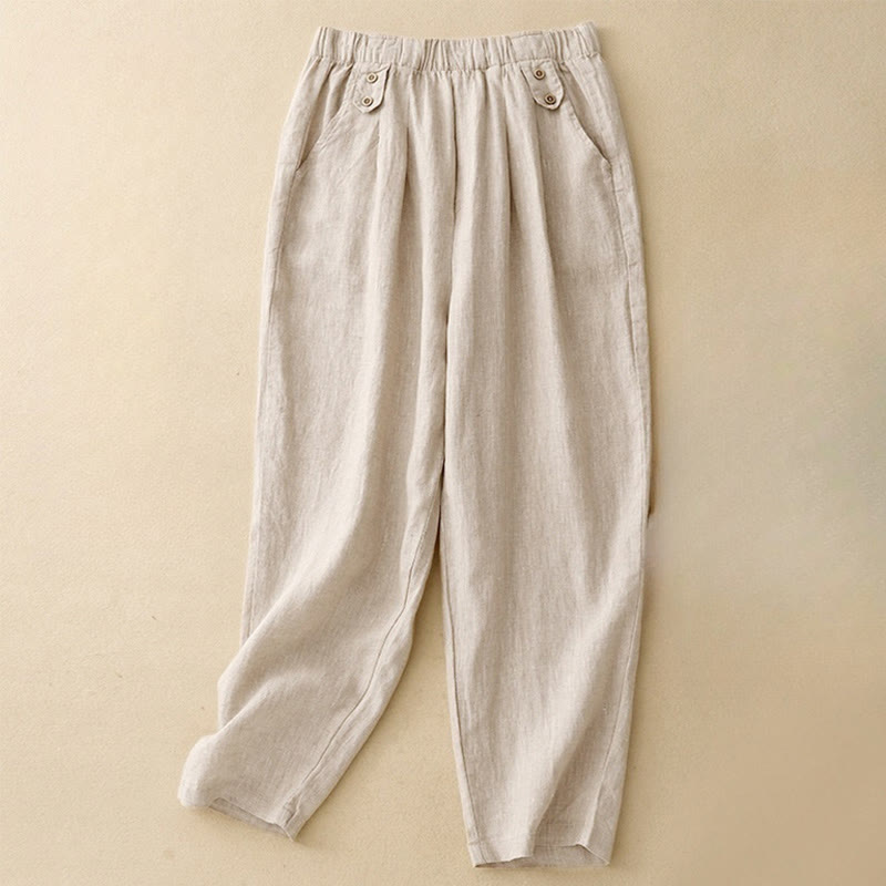 Buddha Stones Sommer-Haremshose aus Baumwolle und Leinen, einfarbig, lässig, Länge 7–8, Knöpfe, mit Taschen - Beige - US 8-10, UK/AU 12-14, EU 40-42 (2XL) - image 10