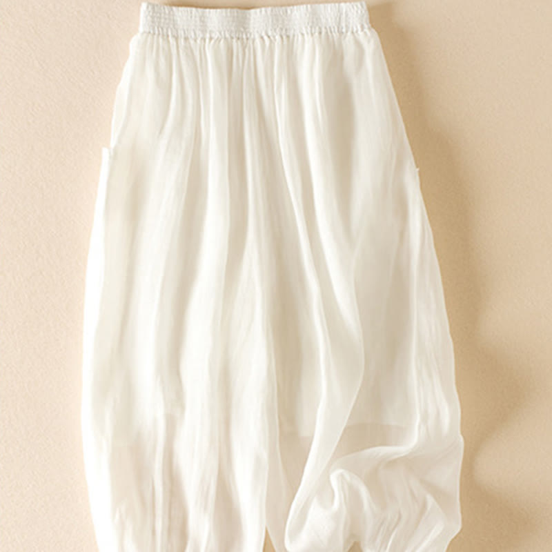 Buddha Stones Sommer-Hose, einfarbig, lässig, kurze Hose, doppellagig, aus Baumwolle und Leinen, mit Taschen - image 19