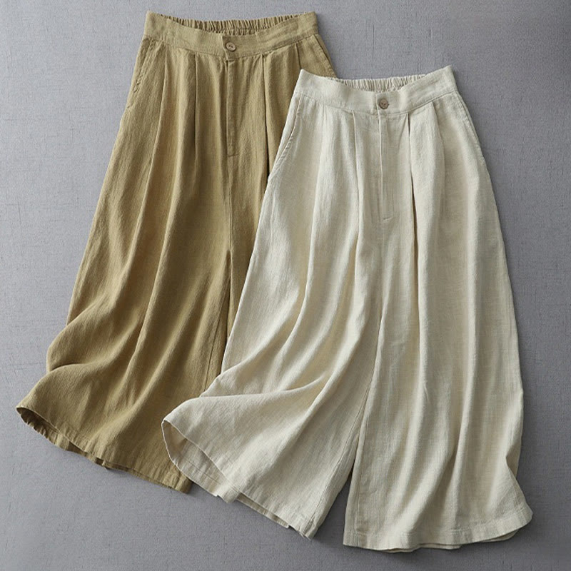 Buddha Stones Lässige, schlichte, lockere Damenhose aus Polyester mit weitem Bein und Taschen in der Länge 7–8