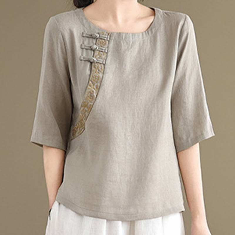 Buddha Stones Lässiges Damen-Shirt aus Baumwolle und Leinen mit besticktem Blumenmuster und Froschknöpfen, Rundhalsausschnitt, halblange Ärmel - image 3
