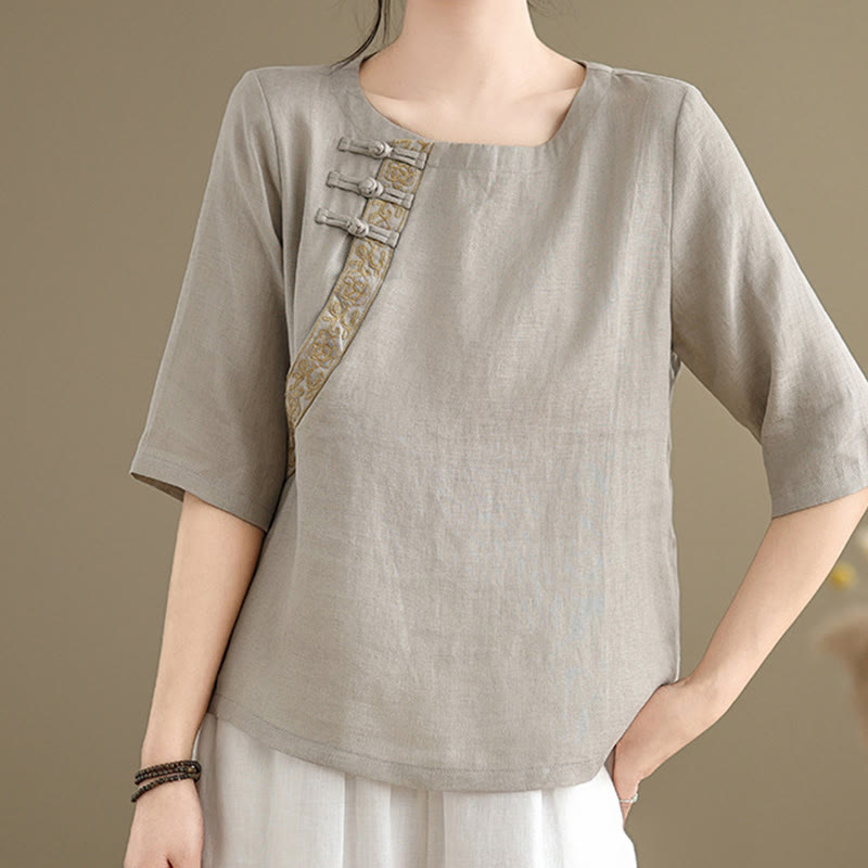 Buddha Stones Lässiges Damen-Shirt aus Baumwolle und Leinen mit besticktem Blumenmuster und Froschknöpfen, Rundhalsausschnitt, halblange Ärmel - Dunkelgrau - US8-10， UK/AU12-14，EU40-42 (2XL) - image 0