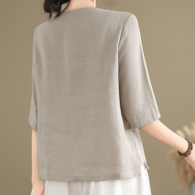 Buddha Stones Casual Damen-Shirt mit besticktem Blumenmuster, Froschknopfleiste, Rundhalsausschnitt und halben Ärmeln - image 2