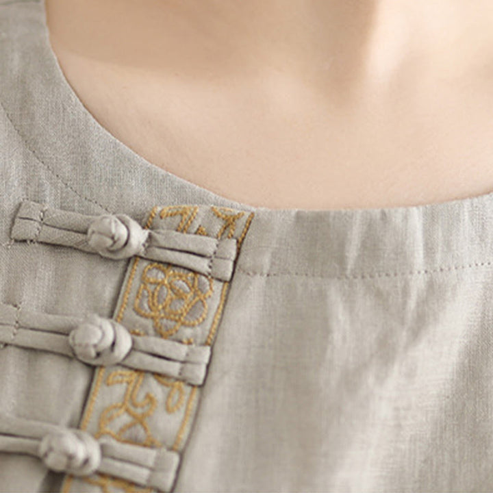 Buddha Stones Lässiges Damen-Shirt aus Baumwolle und Leinen mit besticktem Blumenmuster und Froschknöpfen, Rundhalsausschnitt, halblange Ärmel - image 7