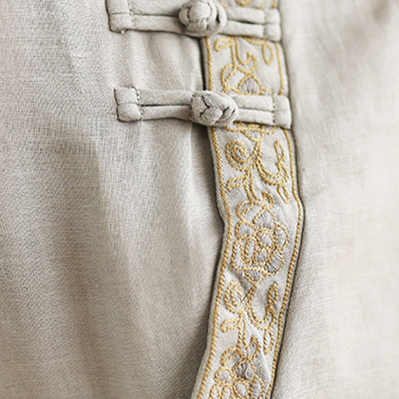 Buddha Stones Lässiges Damen-Shirt aus Baumwolle und Leinen mit besticktem Blumenmuster und Froschknöpfen, Rundhalsausschnitt, halblange Ärmel - image 11