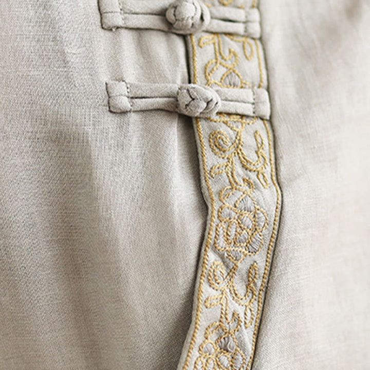 Buddha Stones Lässiges Damen-Shirt aus Baumwolle und Leinen mit besticktem Blumenmuster und Froschknöpfen, Rundhalsausschnitt, halblange Ärmel - image 11