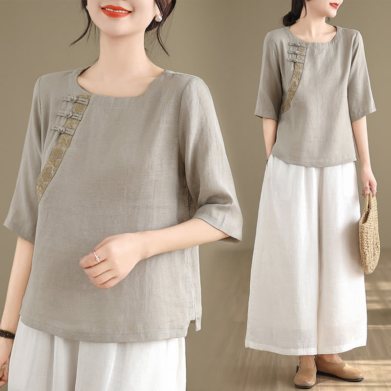 Buddha Stones Lässiges Damen-Shirt aus Baumwolle und Leinen mit besticktem Blumenmuster und Froschknöpfen, Rundhalsausschnitt, halblange Ärmel - image 6