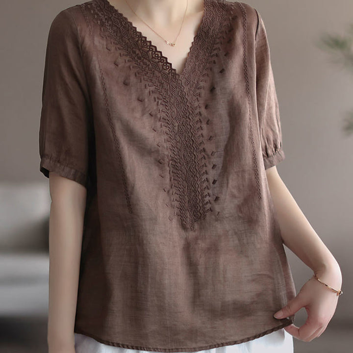 Buddha Stones Sommer Lässiges Damen-T-Shirt aus Baumwolle und Leinen mit V-Ausschnitt und Stickerei - image 8
