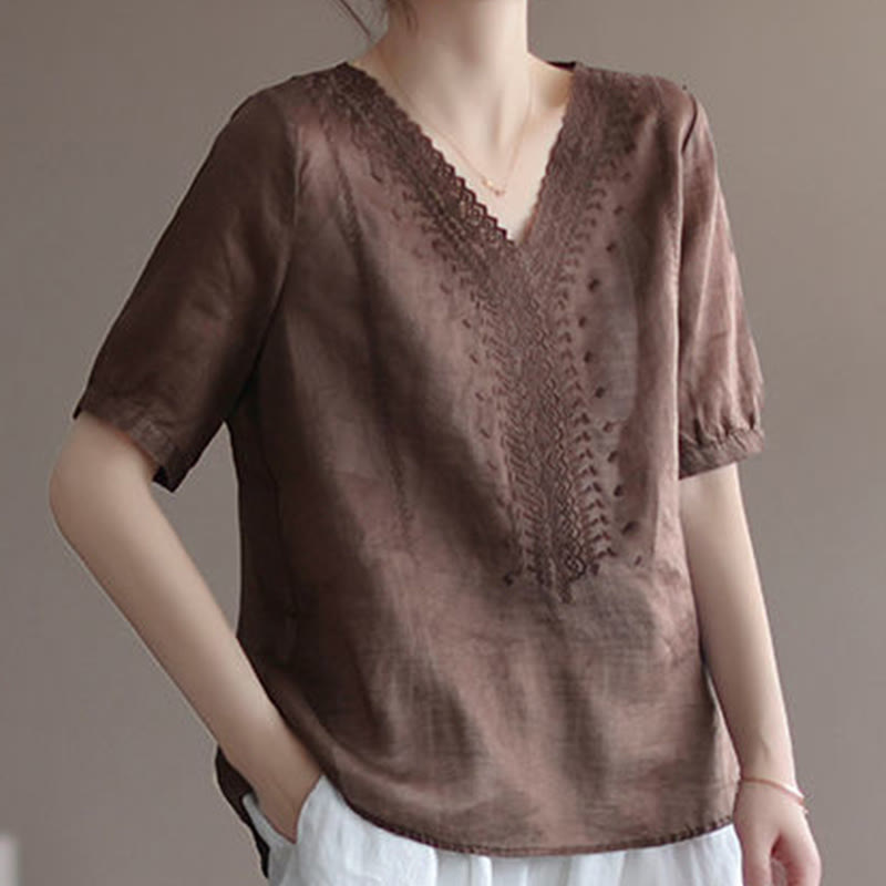 Buddha Stones Sommer Lässiges Damen-T-Shirt aus Baumwolle und Leinen mit V-Ausschnitt und Stickerei - image 7