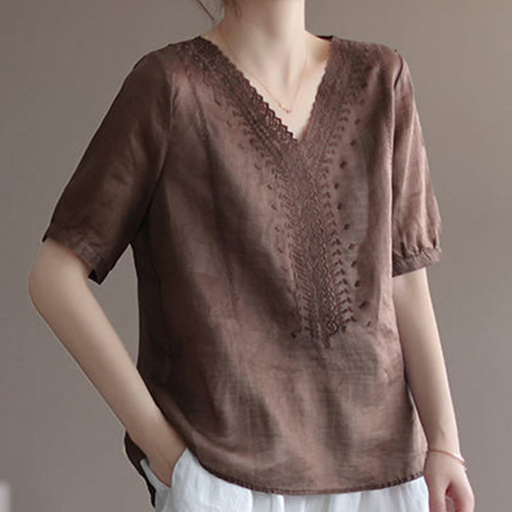 Buddha Stones Sommer Lässiges Damen-T-Shirt aus Baumwolle und Leinen mit V-Ausschnitt und Stickerei - image 7