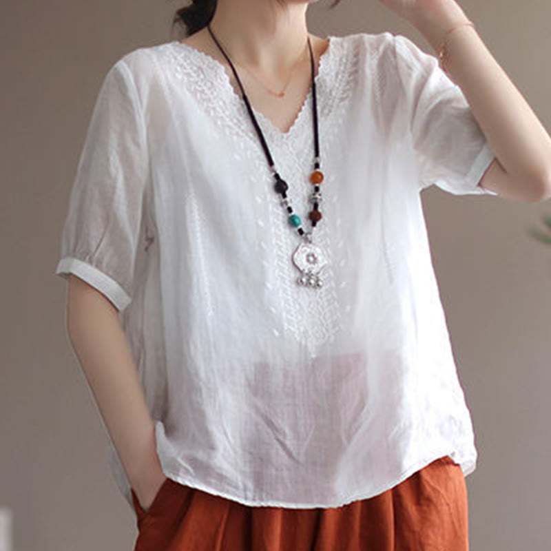 Buddha Stones Sommer Lässiges Damen-T-Shirt aus Baumwolle und Leinen mit V-Ausschnitt und Stickerei - image 11