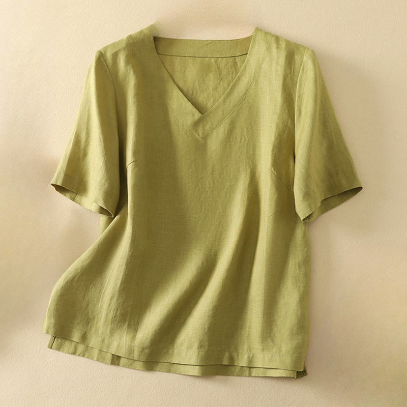 Buddha Stones Sommer Lässiges, schlichtes Damen-T-Shirt aus Baumwolle mit V-Ausschnitt und halblangen Ärmeln - GelbGrün - US8-10， UK/AU12-14，EU40-42 (2XL) - image 0
