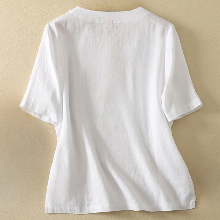 Buddha Stones Sommer Lässiges, schlichtes Damen-T-Shirt aus Baumwolle mit V-Ausschnitt und halblangen Ärmeln - image 11
