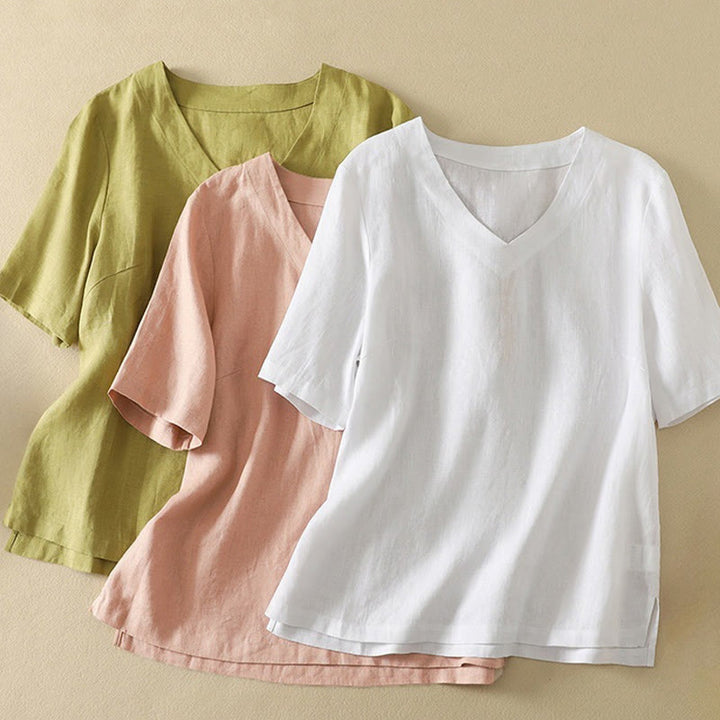Buddha Stones Sommer Lässiges, schlichtes Damen-T-Shirt aus Baumwolle mit V-Ausschnitt und halblangen Ärmeln - image 20